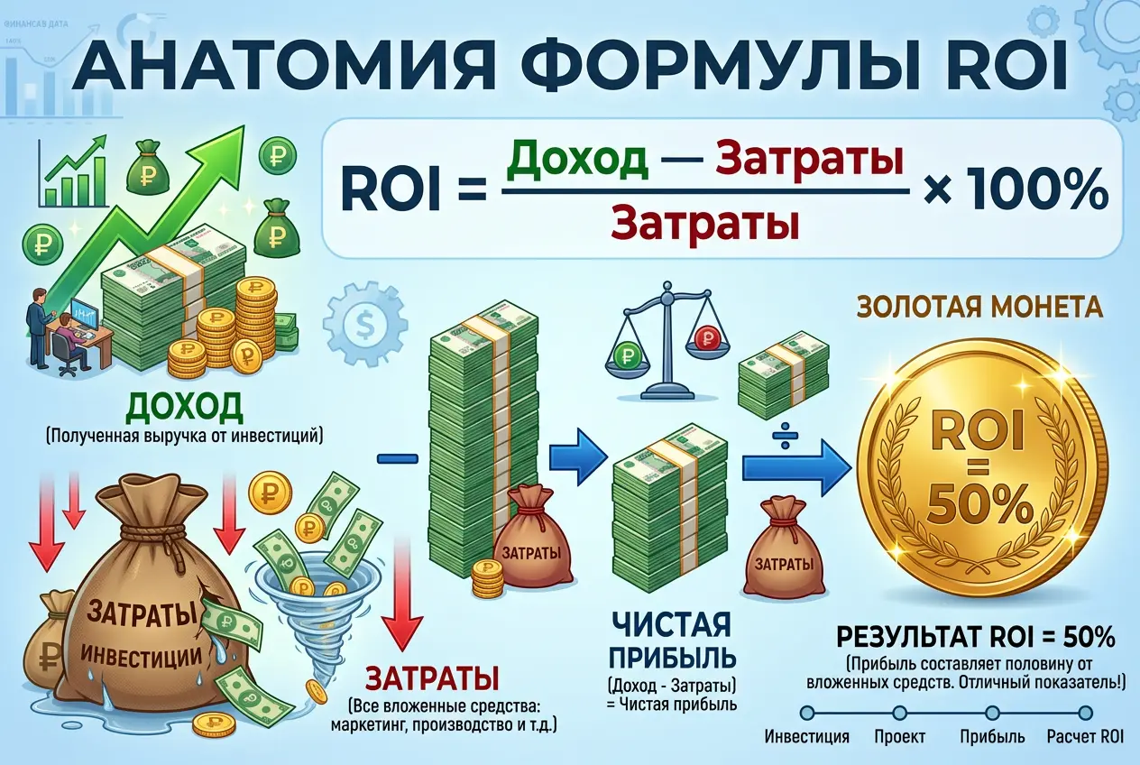 Firefly_Gemini Flash_Анатомия формулы ROI__Описание- Крупным планом показана формула ROI = (Доход — Затрат 799602.webp