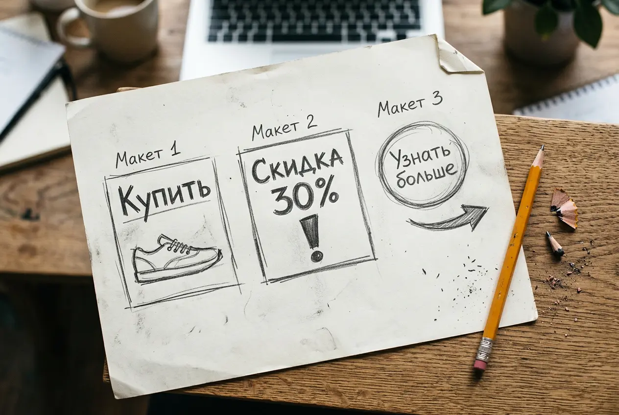Firefly_Gemini Flash_Сюжет- Крупный план рабочего стола. В центре — лист бумаги с тремя набросками рекламн 20327.webp