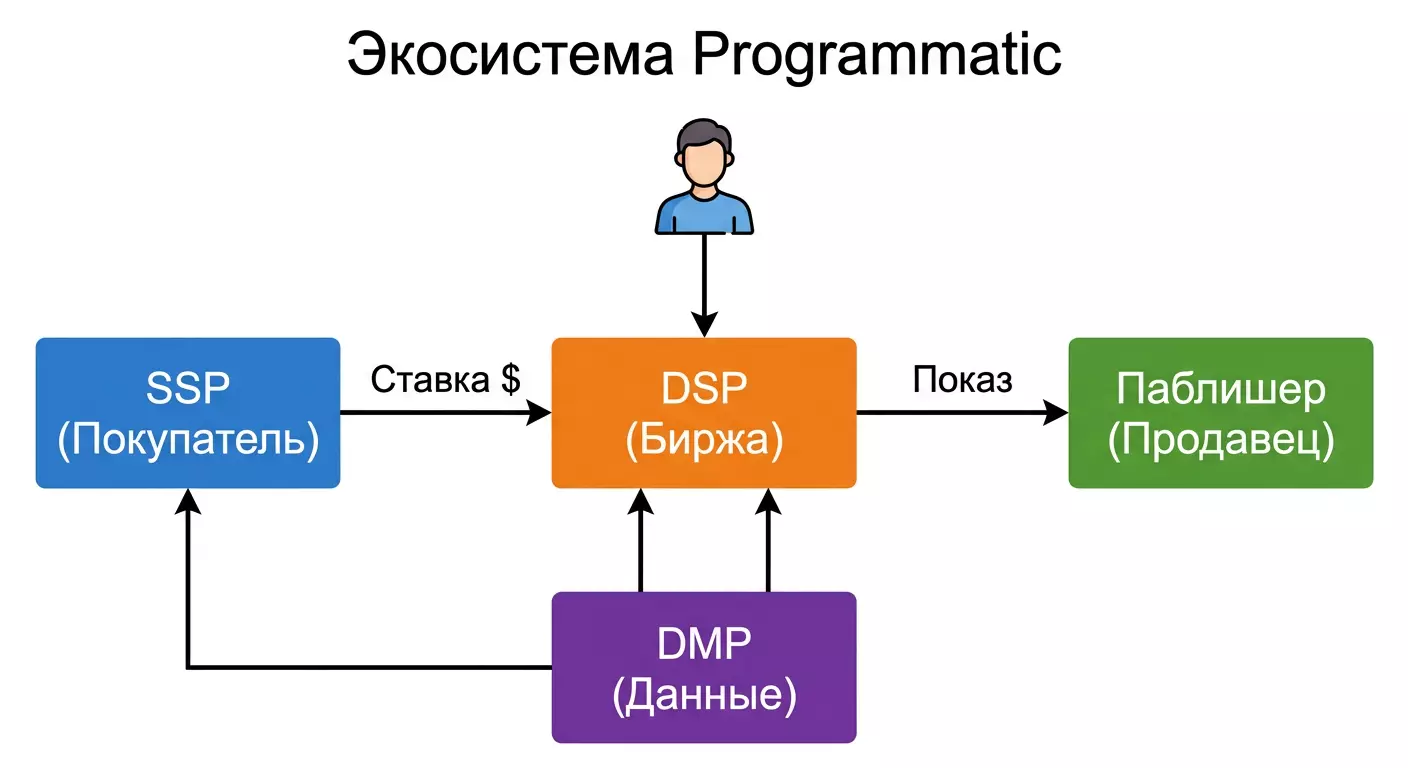 Firefly_Gemini Flash_Картинка «Экосистема Programmatic»-__В центре- Оранжевый прямоугольник « (Биржа)»._Сл 528608.webp
