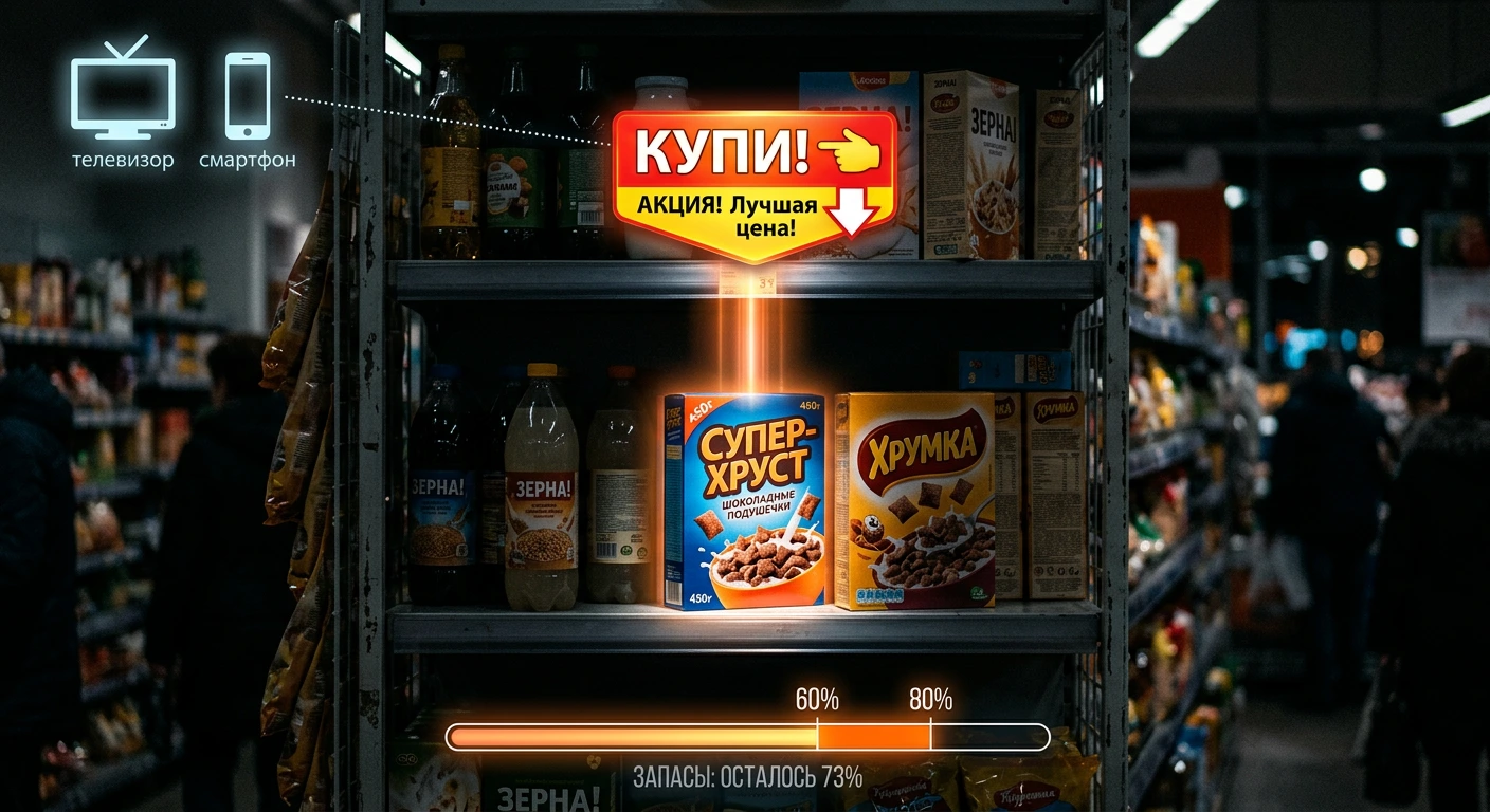 Firefly_Gemini Flash_Описание изображения-_Крупный план полки в магазине. Один товар ярко подсвечен, остал 528608.webp