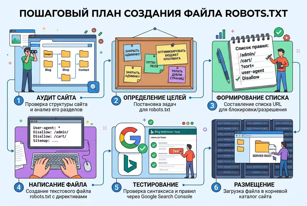 Firefly_Gemini Flash_Описание- Инфографика в виде пронумерованной схемы с шагами._Аудит- Человечек с бинок 799602.webp