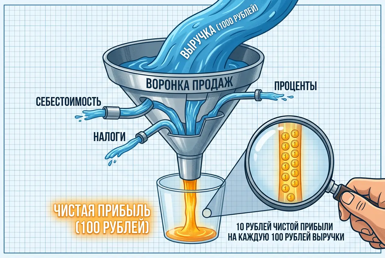 Firefly_Gemini Flash_Кассовый аппарат или большая воронка продаж. В воронку сверху втекает большая река с  799602.webp