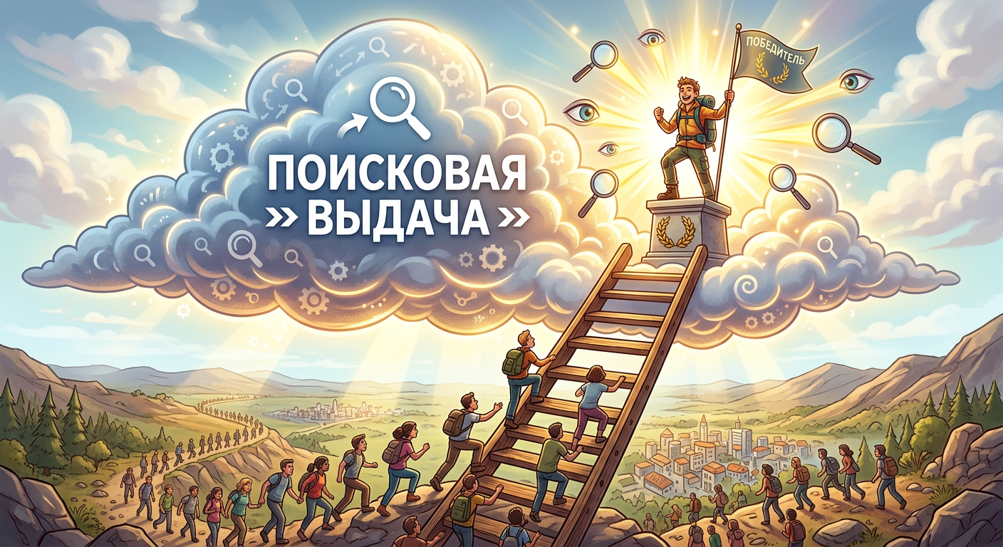 Firefly_Gemini Flash_Облако (символ поисковой выдачи), из которого спускается лестница. На нижних ступенях 363520.png