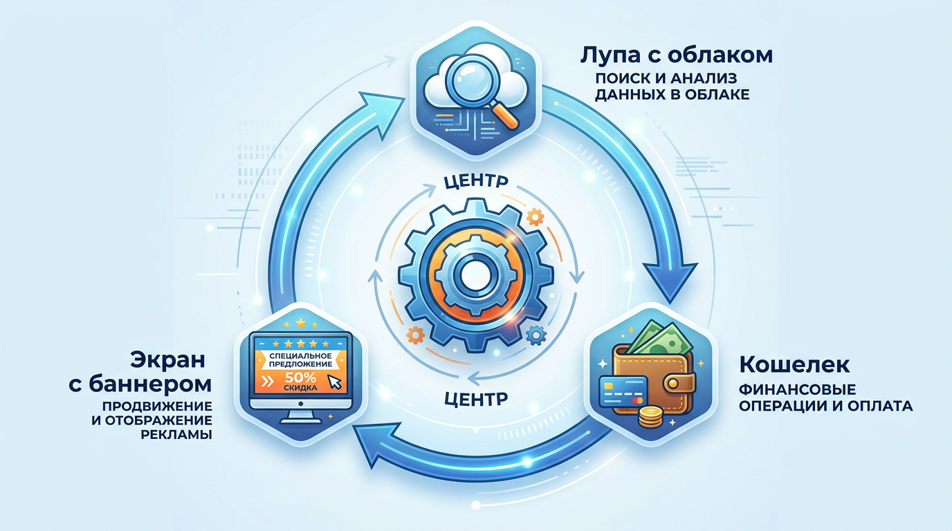 Firefly_Gemini Flash_Круговой цикл из трех значков- лупа с облаком → кошелек → экран с баннером. В центре  940245.png