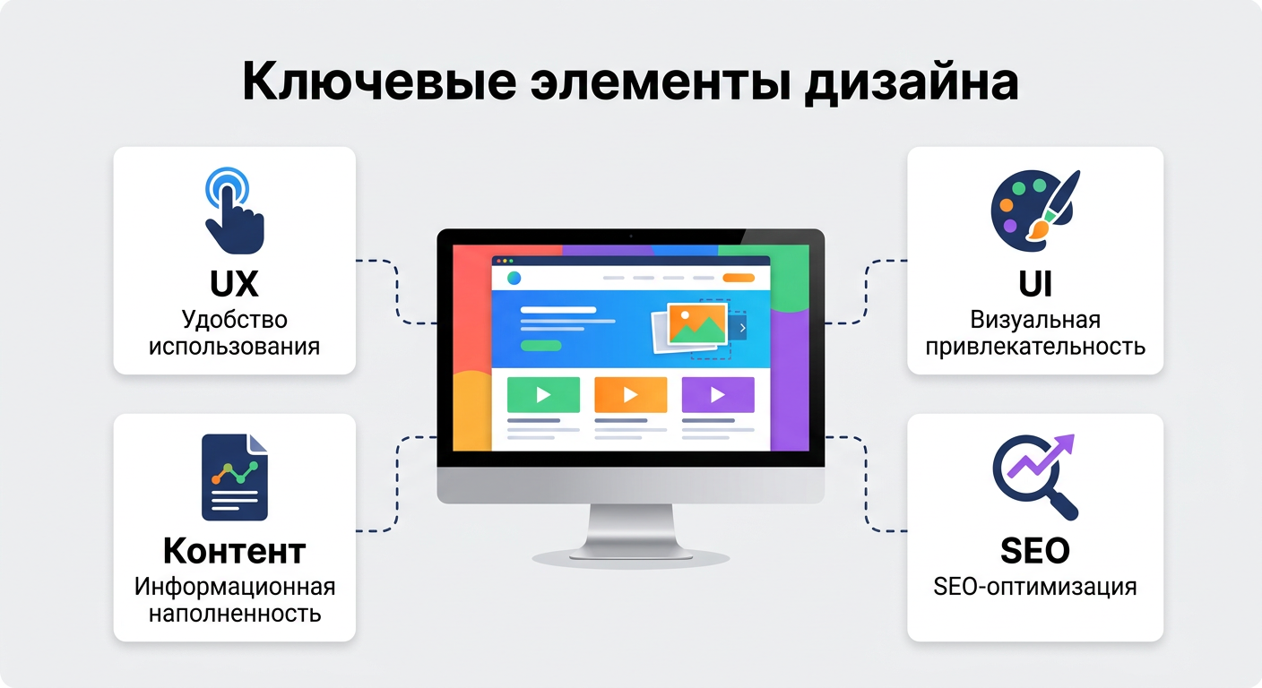 Firefly_Gemini Flash_В центре — монитор с веб-страницей. Вокруг — 4 карточки, соединённые пунктирными лини 402903.png