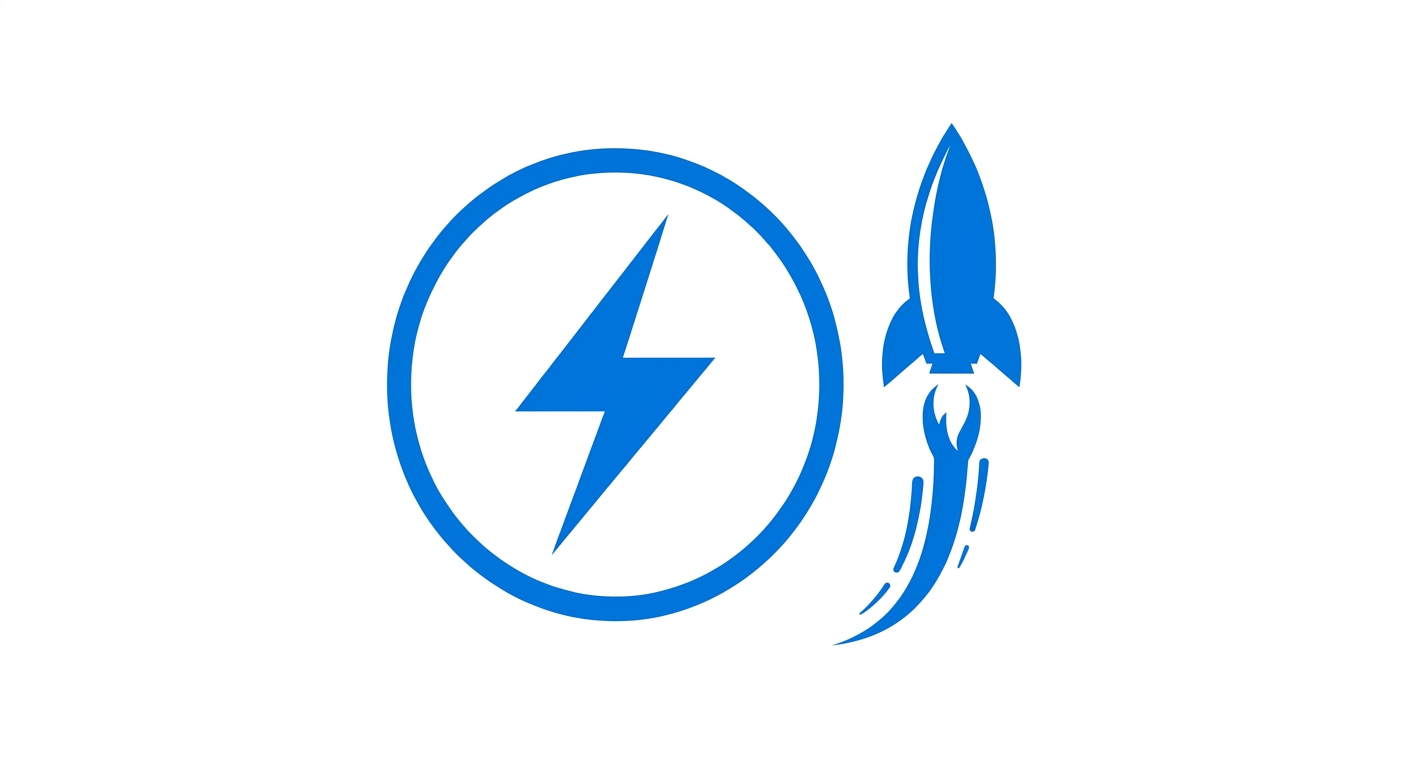 Firefly_Gemini Flash_Простой значок молнии (как в чате) внутри круга, рядом — маленькая ракета, взлетающая 776537.png