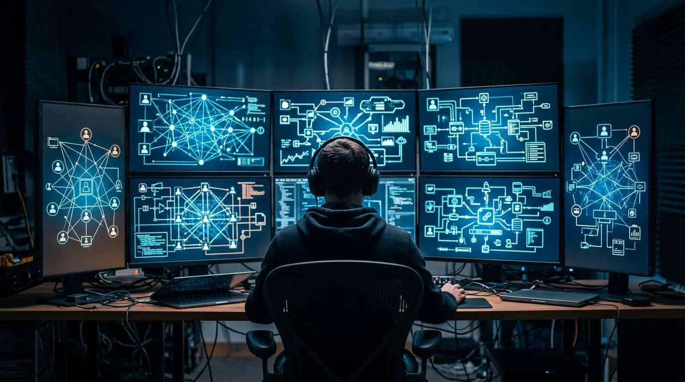 Firefly_Gemini Flash_Ряд мониторов, за которыми сидит человек, вид со спины. На экранах — абстрактные схем 749028.webp