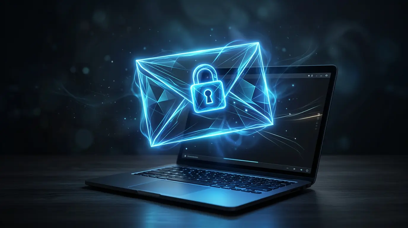 Firefly_Gemini Flash_Абстрактный конверт с замком, парящий над ноутбуком. Синий контур, тёмный фон. 612457 (1).webp