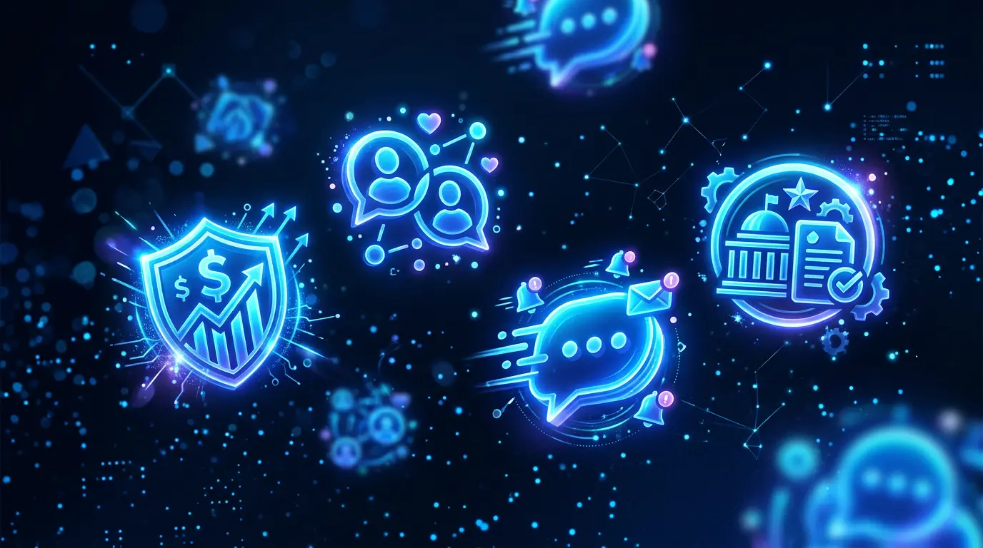 Firefly_Gemini Flash_Абстрактные парящие иконки сервисов — банк, соцсеть, мессенджер, госуслуги. Тёмный фо 612457.webp