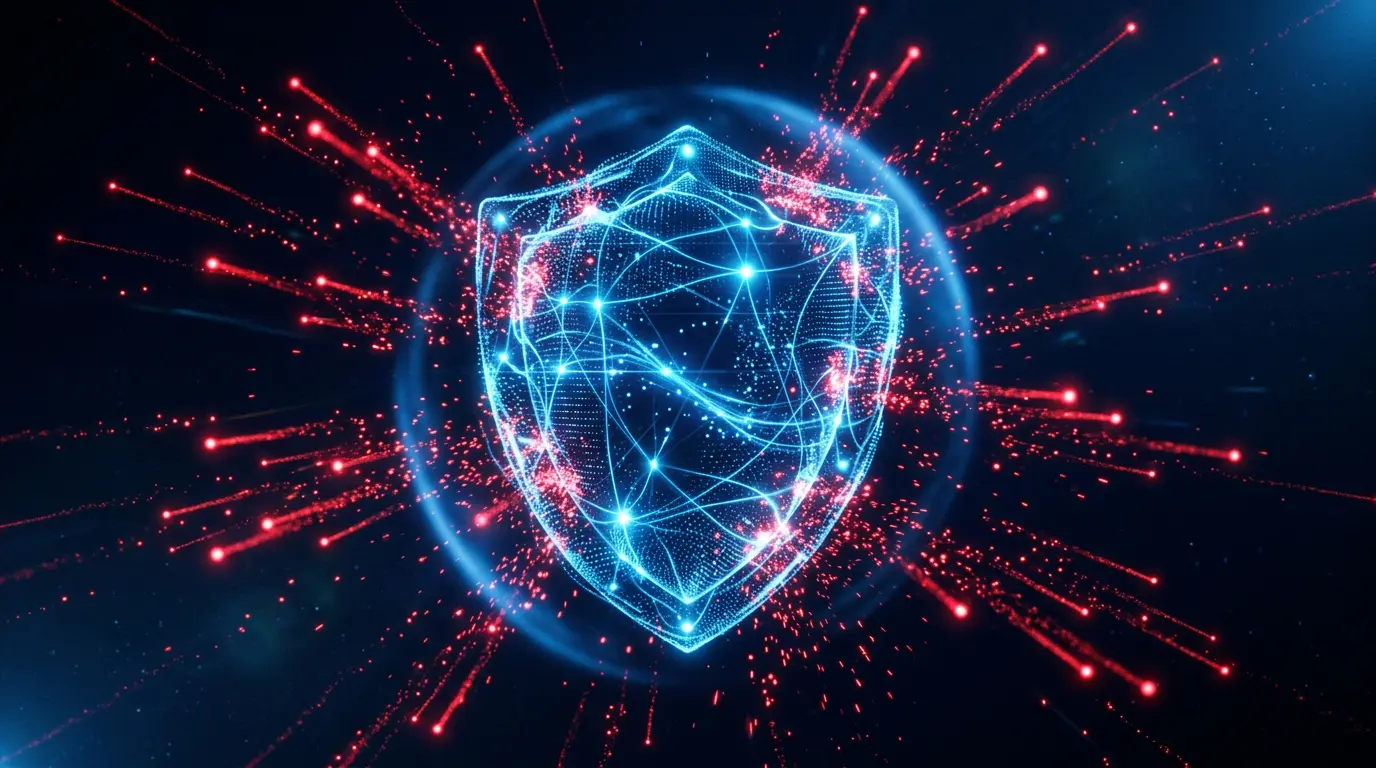 Firefly_Gemini Flash_Абстрактная цифровая композиция- полупрозрачный щит, собранный из светящихся голубых 612457.webp
