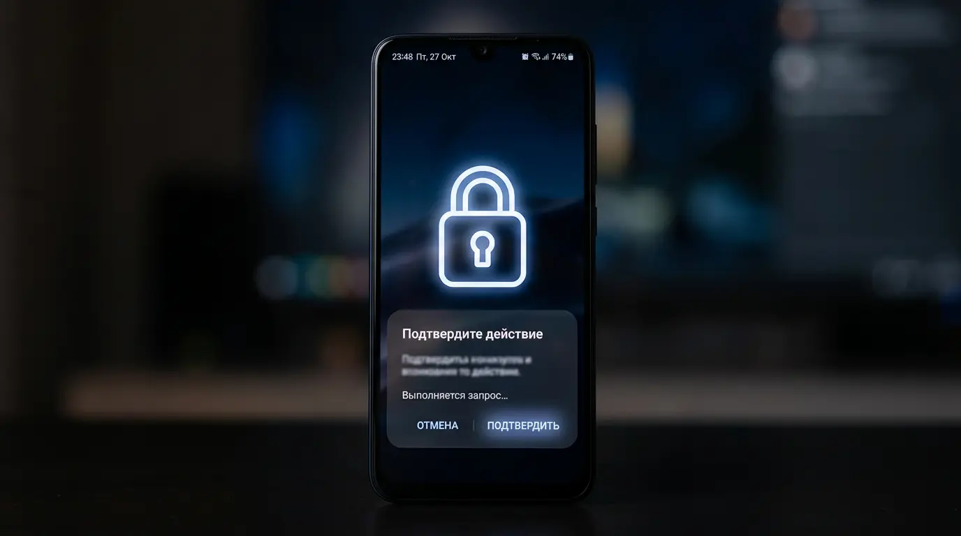 Firefly_Gemini Flash_Экран смартфона с иконкой замка и всплывающим уведомлением-подтверждением. Тёмная тем 612457.webp